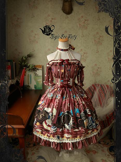 [$119.00]Halter Off the Shoulder Shirring Lace Up Bodice Removable Sleeves  Lolita Dress One Piece-2017 New Collection-The Circus Girls